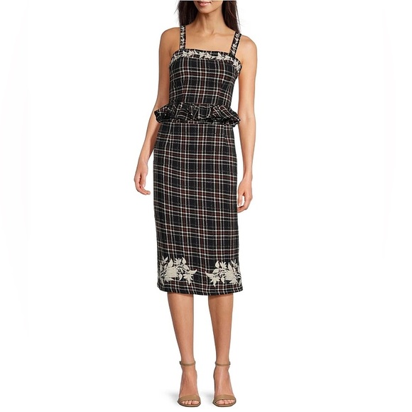 NWT Fanm Mon Tartan Set pc Peplum Top Floral Embroidery Details